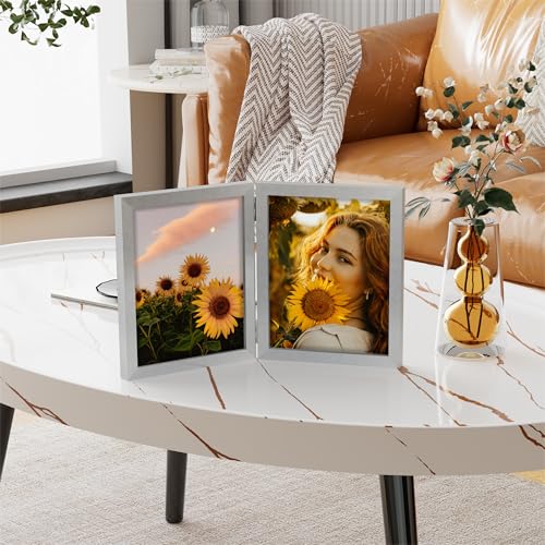decorUhome Double 8x10 Picture Frame Vertical, Engineered Wood Bifold Photo Frame with Plexiglass for Tabletop Display, 8x10, Silver