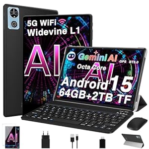 Tablet 10 Zoll Android 15 Tablets mit 64GB+2TB TF, Gemini AI, Widevide L1 FHD IPS, Octa-Core 2.0GHz, 5G+2.4G WLAN, 8MP+5MP, BT5.0, Face ID,6000mAh, BT5.0, GMS Tablet mit Tastatur und Maus - Schwarz