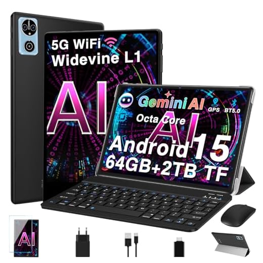 Tablette 10 Pouces Android 14 Tablettes avec 20Go RAM+128Go ROM(TF Extensible 2To), WiFi 6, 5G+2.4G WiFi, Octa-Core, Widevine L1, Bluetooth5.0, GMS Tablette Tactile avec Clavier+Souris et Cas-Noir