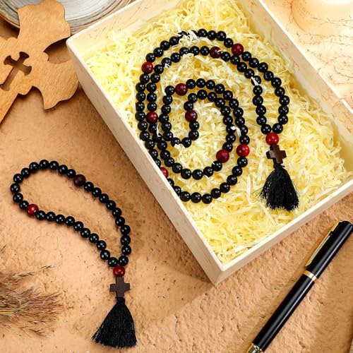 Misdary 2 Pcs Christian Orthodox Prayer Rope Oak Wooden Chotki Cross Blessing Prayer Beads 30 100 Knots with Red Bead Cross Charm Tassel Pray Black for Religious Catholic Gift for Men Women