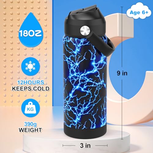 Ntswasd Boys Water Bottle with Straw,18 oz Kids Insulated Cups with Stainless Steel Leak Proof for School,Sport&Travel(Lightning)