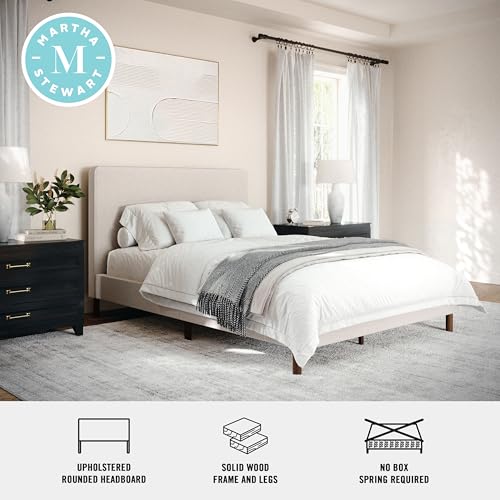Image of Martha Stewart Britta Platform Bed with Headboard & Footboard, Faux Linen Upholstery with Piping Detail, Rounded Headboard, No Box Spring Needed, Full, Beige