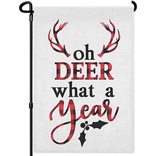 Hosnye Oh Deer, What A Year Garden Flags Double Sided Yard Flags Merry Christmas Buffalo Plaid Xmas Deer Red Tartan Checkered Winter Garden Flags 12X18 Inch For Yard Outdoor Decor #TOP28