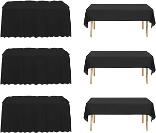 JHDZDHY 3 Packs 54x108inch Plastic Tablecloth and 3 Packs 14FT Plastic Table Skirt,Disposable Rectangle Tablecloth Set Disposable Table Covers for Wedding, Party, Baby Shower (Black)