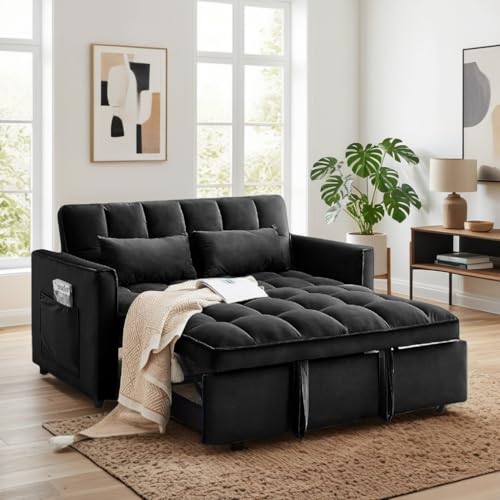 Trygoal Convertible Sofa Bed, Pull Out Sofa Bed with Adjustable Backrest, 3 in 1 Velvet Fabric Loveseat Sleeper Sofa Bed Couch with Side Pockets for Living Room, Bedroom, Apartment, Black