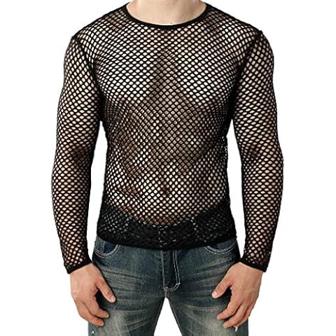 VOWUA Men's Mesh See Through Fishnet Shirts Muscle Pullover Long Sleeves Crew Neck Casual Clubwear Blouse Black Cover