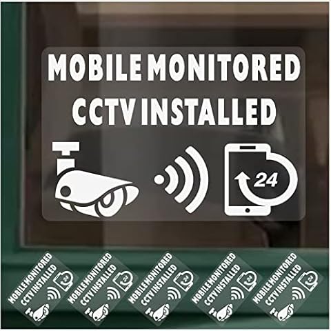 5 x Signs CCTV Mobile Monitored Installed Window Stickers Small WHITE on CLEAR 24hr Security Warning Camera Vinyl Video Recording Home Premises Business Shop 90x60mm Cover