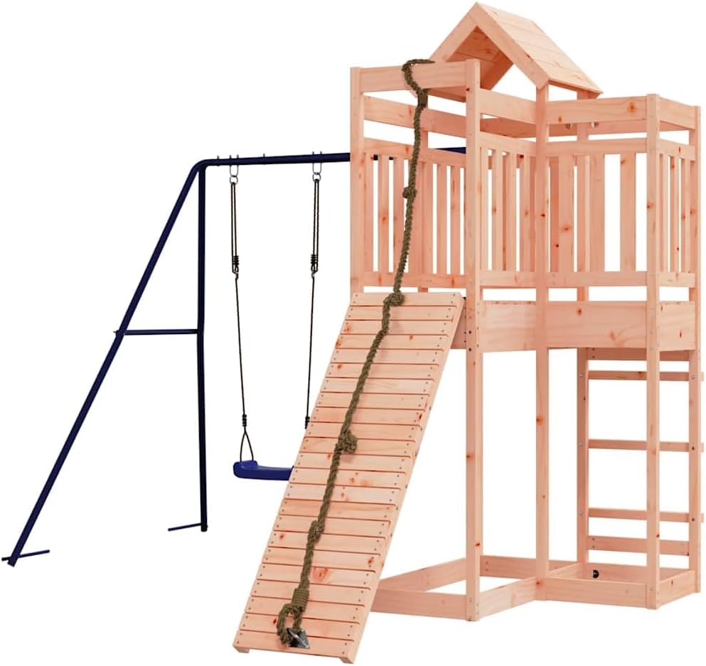 Outdoor Playset Wood Brown Blue Solid Douglas Wood Polypropylene with Climbing Wall Slide Swing Set for Backyard Fun