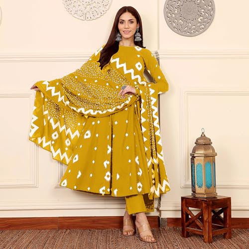 Image of ANNI Designer | Rayon Anarkali Printed Kurta with Pant & Dupatta | Cotton Kurta Set for Women | Stylish Co-Ord Set with Dupatta Ethnic Dress for Women