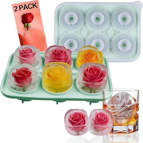 Image of 2 PCS 3D Rose Ice Cube Tray, 6 Grid Cute Silicone Ice Cube Molds with Lid, Easy Release Ice Cube Trays for Freezer, Food Grade Ice Tray Mold for Gift, Drinks, Coffee and Cocktails, Whiskey (Green)