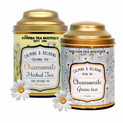 Image of Sancha Tea Boutique, Combo Pack, Chamomile Herbal (50g) & Green (100g), Relaxing & Calming Floral Blends, Herbal Tisane + Whole Leaf Green, Real Flowers & Leaves