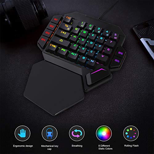 BlueFinger RGB One Hand Mechanical Gaming Keyboard and Backlit Mouse Combo,USB Wired Rainbow Letters Glow Single Hand Mechanical Keyboard with Wrist Rest Support, Gaming Keyboard Set for Game