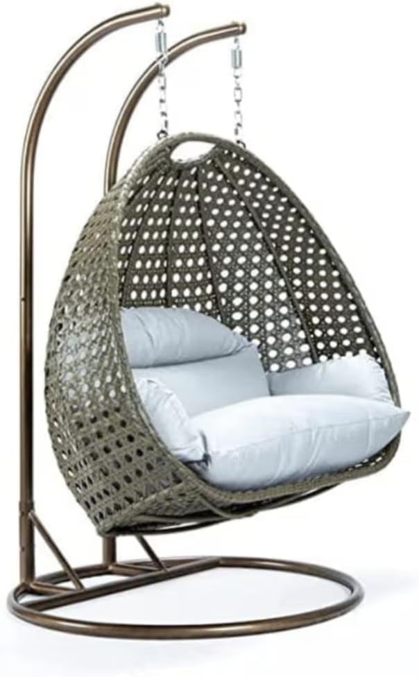 Image of Double Seater Hammock Swing Chair with Stand & Cushion | Heavy Duty Powder Coated Steel Frame | Outdoor Indoor Hanging Swing for Patio Balcony Garden Terrace Living Room (Brown-White)