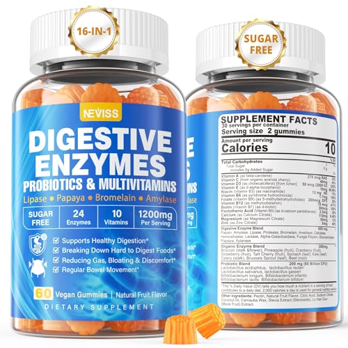 1Pack Digestive Enzymes with Probiotic Gummies, Multivitamins, Calcium, Magnesium - All 24 Essential Chewable Multi Enzymes - Papaya, Lipase, Amylase, Bromelain - Breaking Down Carbs, Proteins, Fats -  NEVISS