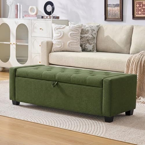 Image of Huatean Home 48 inch Ottoman with Storage, Storage Ottoman Bench with Safety Hinge, Upholstered Entryway Bench with Seating for Bedroom, Living Room, Holds up to 330 lb, Green