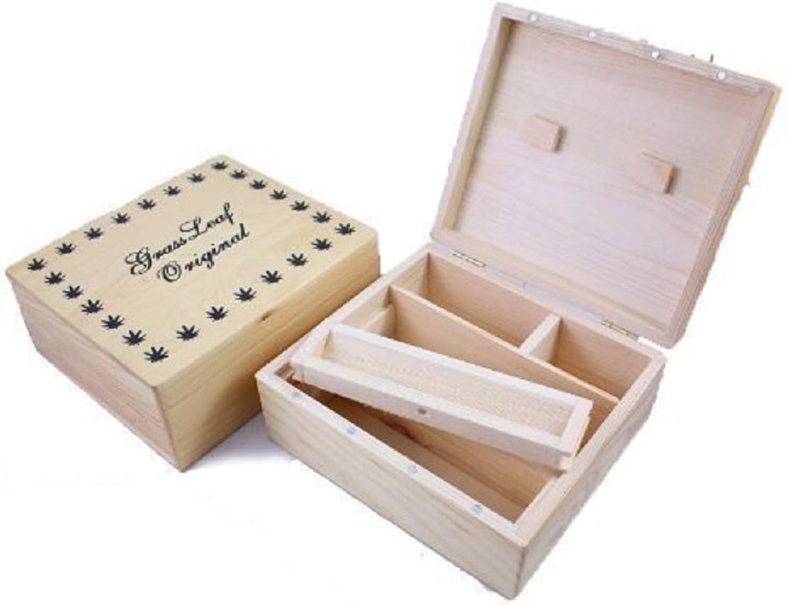 LARGE GRASS LEAF WOODEN ROLLING BOX WITH WOOD ROLLING V BLOCK - MAGNETIC LID