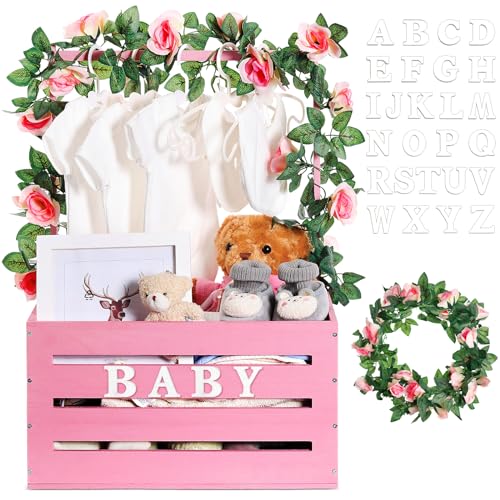 Image of Barydat Wooden Baby Crate Closet, Baby Basket with Handle and Garland Storage Hamper Shower Wooden Gift Crate Letters Self Adhesive for Pregnancy New Parent(Pink)