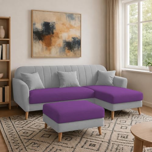 Image of Atticus RHS 4 Seater L Shape Sofa Set with Ottoman for Living Room (Purple Grey Fabric) Premium Fabric Sofa Set