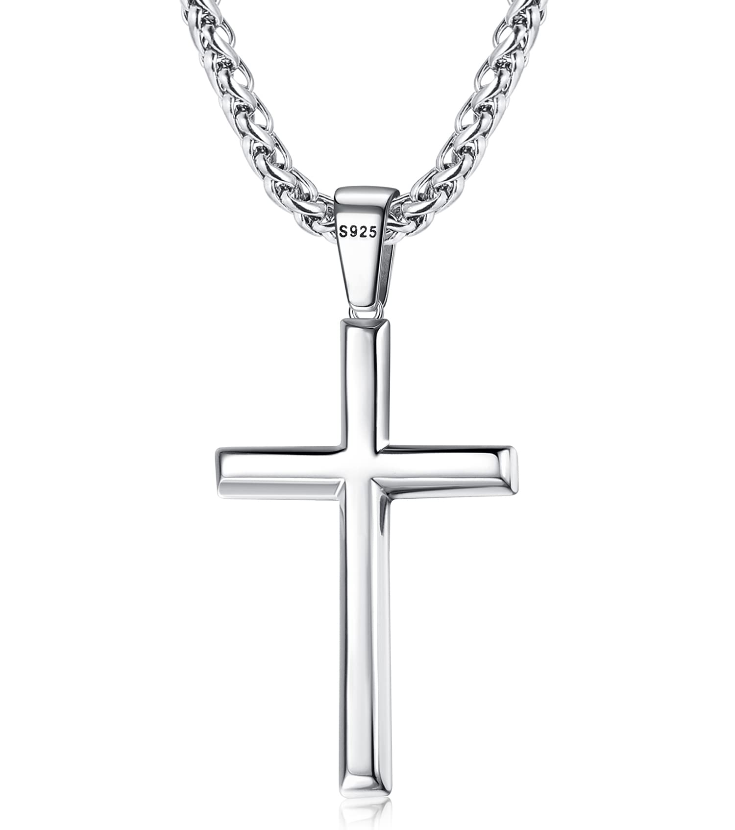 Tungary 925 Sterling Silver Cross Necklace for Men Women 3mm Stainless Steel Durable Wheat Chain Crucifix Cross Pendant Necklace Jewelry 16-28 Inches