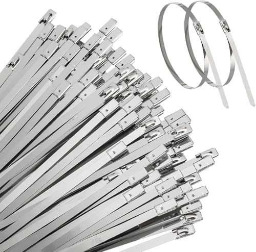 Image of Metal Cable Zip Ties 12 Inch Heavy Duty Stainless Steel Self-Locking Cable Ties for Machinery, Vehicles, Farms, Pipes, Roofs, Cables & Outdoor Applications (50)