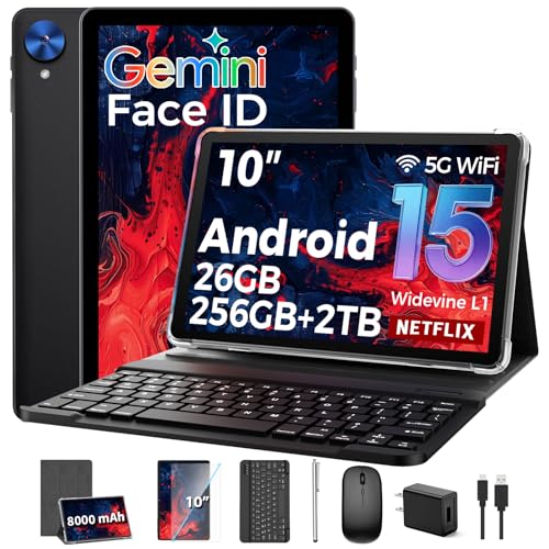 Image of Tablet with Keyboard, 2026 Android 15 tablet with 26GB+256GB+2TB Expand, 10 Inch Tablet PC with 8-Core, Gemini AI, 5G WiFi, 8000mAh, BT5.0, GPS, Electronics Tablets with Case /Mouse /Stylus(Silver Case)