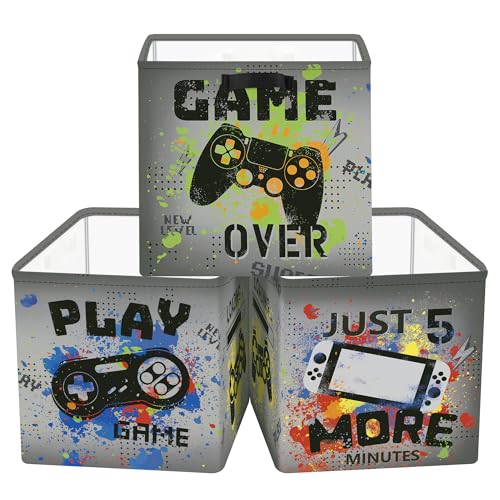 Clastyle 3 Stück Videospiel Kinder Aufbewahrungsbox Stoff für Kallax Faltbar Aufbewahrungskorb Klein Junge Schrank Organizer Kleiderschrank für Regal,Graffiti,30x30x30 cm