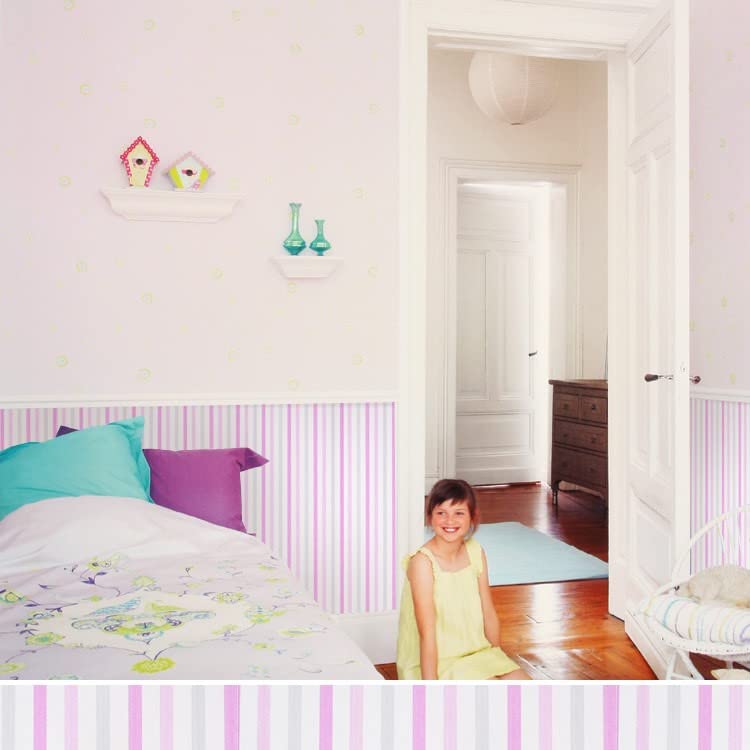 Papier peint enfants à rayures GAULAN 228326 rose violet gris pour chambre