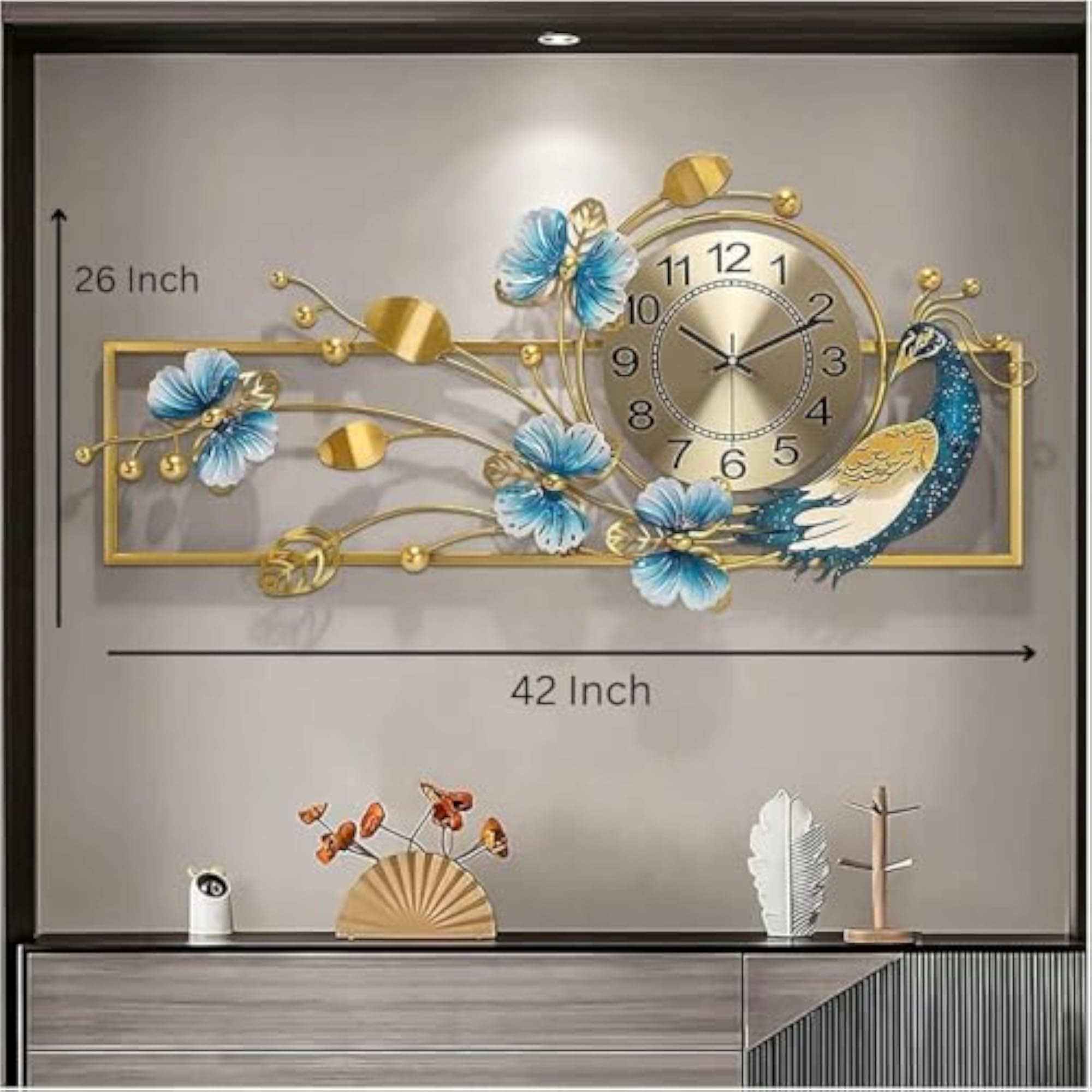 Large Decorative Wall Clock with Floral Leaf Peacock Design