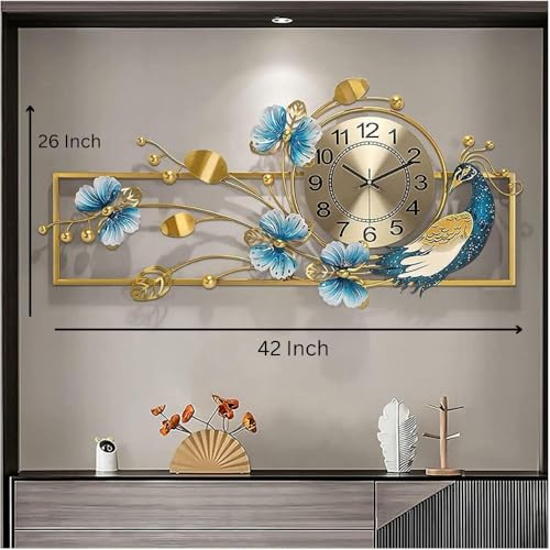 Image of Large Metal Multicolor Peacock Leaf Wall Clock Floral Design Modern Decorative Clock for Living Room, Bedroom, Office, Dining (Size 42x26 Inch)