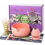 Matcha Whisk Set,7 Pcs Matcha Set, Matcha Set Whisk and Ceramic Bowl Kit for Ceremony, Matcha Tea Set with Bamboo Whisk, Sifter, Bamboo Scoop and Holder and Accessories, Gift for Matcha Lover-Pink