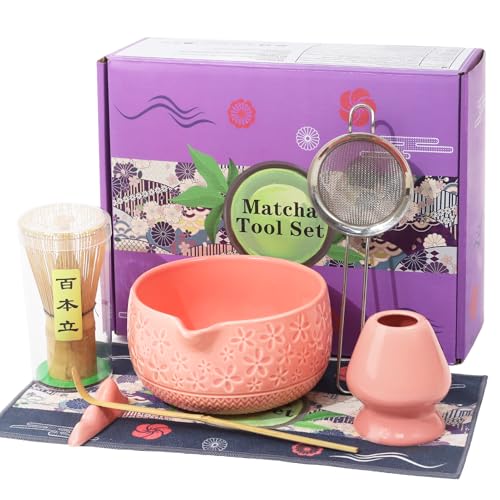 Matcha Whisk Set, 7Pcs Pink Matcha Kit for Ceremony, Handcrafted Gifts for Women, Traditional Ceramic Matcha Bowl with Spout, Bamboo Whisk and Holder, Tea Set for Matcha Lovers, Gift for Christmas