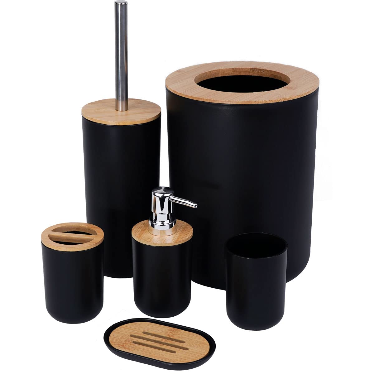 JETAINE 6 Pieces Bamboo Bathroom Accessories Modern Bathroom Accessory Set Luxury Bathroom Bin and Toilet Brush Set, Toothbrush Holder Tumbler Soap Dish Trash Can Soap Dispenser Bath Set Gift — image 1