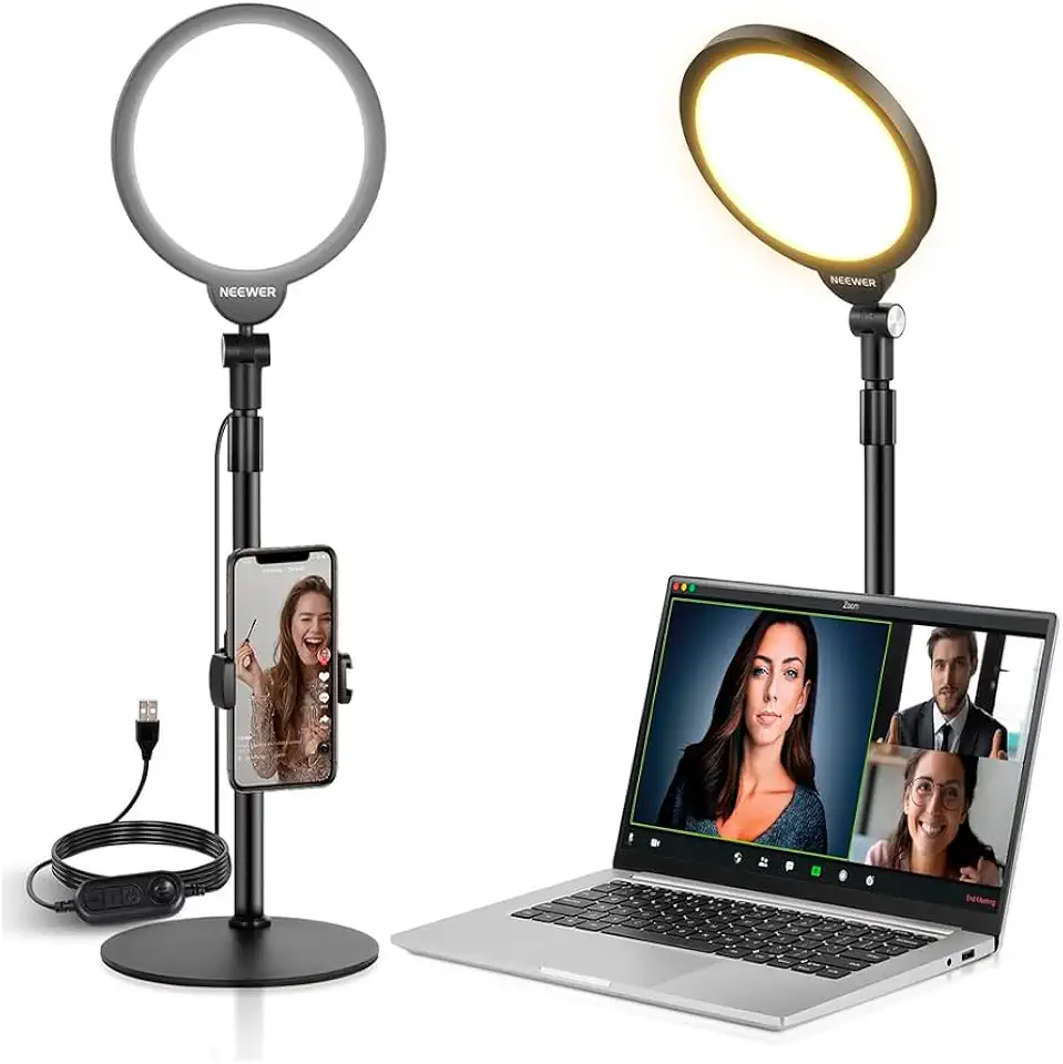 ring light de mesa 7 polegadas R06 para gravação de vídeo, lives e chamadas, iluminação uniforme para conteúdo, design compacto para escrivaninha