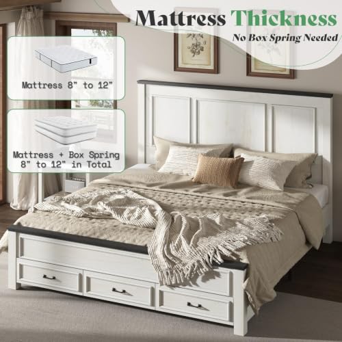 Image of AMERLIFE King Size Farmhouse Bed Frame with 52.2 inch Tall Panel Headboard & Footboard, Storage Platform Bed with Spacious Drawers, No Box Spring Required, Rustic White