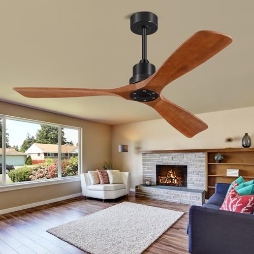 Image of Ceiling Fans With Remote Control, Outdoor Ceiling Fan for Patios Indoor, 3 Downrods, 3 Blades, Timer, 6 Speed Reversible Quiet DC Motor Modern Fan Solid Wood Fan, 60in, Brown
