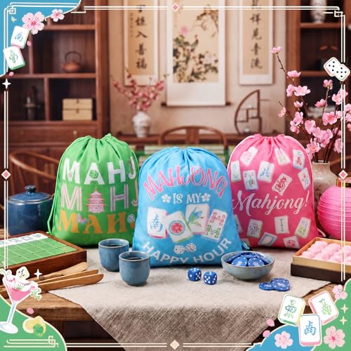 Image of Honoson 16 Pcs Mahjong Drawstring Backpack Mah Jong Goodie Bags Mahjong Themed Gift Bags Drawstring Backpack Party Favors Snack for Lover Player Mothers Birthday Party Supplies Lucky Mah Jong Decor