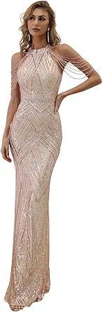 Women's Formal Halter Sequin Tassel Bodycon Maxi Prom Dress, Elegant Mermaid Evening Gown