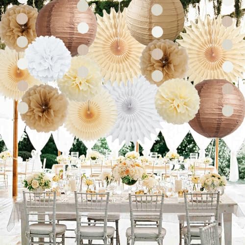Décorations de fête bohème marron neutre, beige marron, décorations de fête prénatale, lanternes en papier champagne, éventails blancs pour enterrement de vie de jeune fille, fête prénuptiale – vue 5