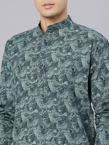 Image of Majestic Man Men's Regular Fit Ethnic Motifs Printed Pure Cotton Long Kurta with Mandarin Collar & Full Sleeves