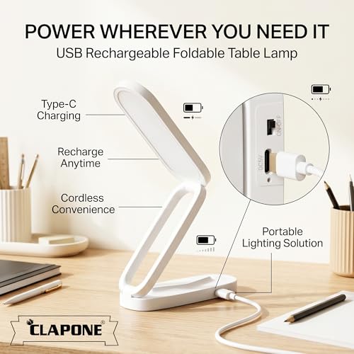 Image of CLAPONE LED Desk Lamp Rechargeable, White | Foldable & Portable, For Study, Office & Home, 3 Brightness Levels with Touch Control, Wireless Battery Operated, Eye-Caring