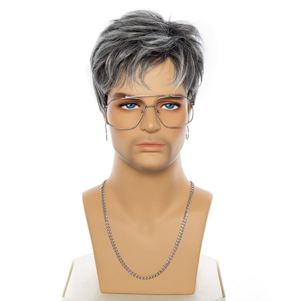 Parrucche sintetiche dritte grigie miste corte per uomini giovani con frangia Toupee per capelli per uomo Parrucche a strati soffici ed eleganti naturali Parrucche da uomo (Grigio misto)