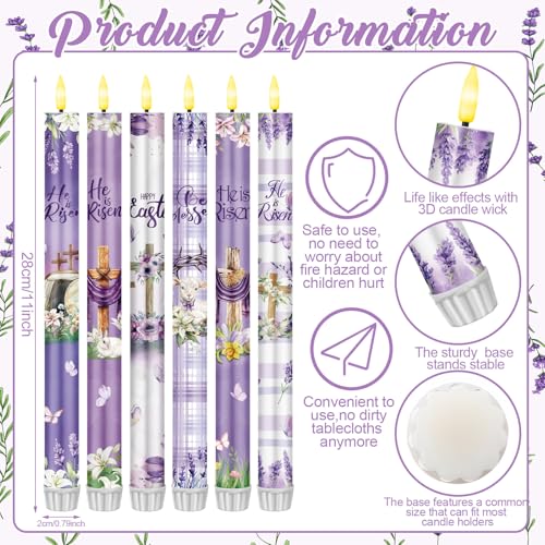 Image of Aurelema 6 Pcs Easter Flameless Candle Set He is Risen LED Flameless Taper Lent Candles with Battery Operated Purple Cross Christian Celebration Candles with Remote for Easter Spring Home Decor Gifts