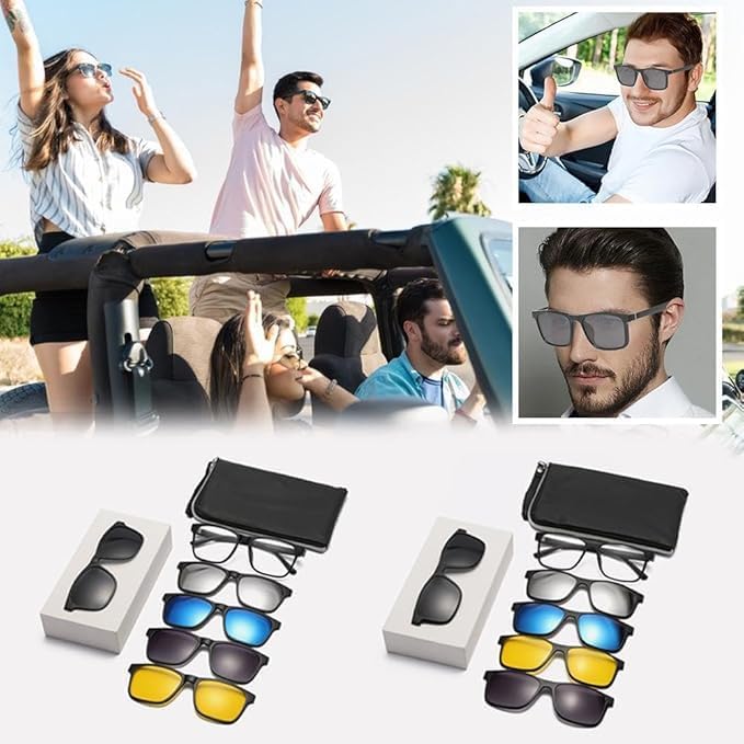 Image of 5 in1 Non Polarized Magnetic Clipon Rectangular UV Protected Sunglasses Eye Glasses With 400 Night draving Men Women Unisex