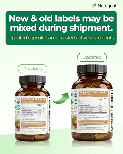 Nutrigent USDA Organic Hemp Seed Oil 1000 mg, Cold Pressed & 100% Pure, Plant-Based Omega 3-6-9 for Heart, Joint, Relaxation & Emotional Wellness, 60 Capsules