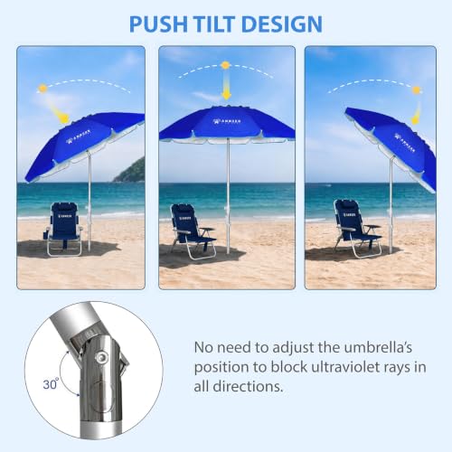 AMMSUN 6.5ft twice folded Portable beach umbrella with sand anchor windproof, Push Button Tilt and Air vent UPF 50+ Protection Fits in a large Suitcase for Patio Garden Beach Pool Backyard Blue - Image 4