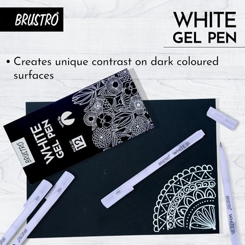Image of BRUSTRO White Gel Pen Pack of 12. (1MM tip) | Ideal for Students and Adults, Drawing, Mandala Arts, Students, Office Use, Writing, Pen Set