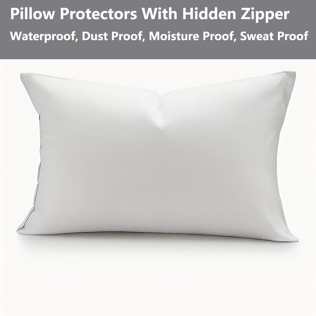 Waterproof Pillow Protectors 6 Pack King 20x38 Inches with Hidden Zipper Dust Moisture Sweat Proof Pillow Case Cover Protector Soft Comfortable White (6, King 20x38 inches )