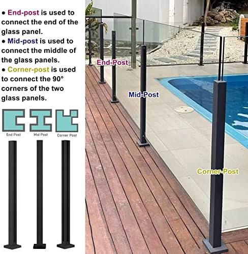 Heavy Duty Black Square Glass Railing Post - 49.2in Balustrade Kit for Balcony, Deck, Garden & Hallway - Sturdy Pillar System for Contemporary Outdoor Fencing