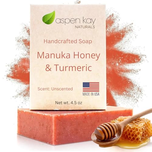 Aspen Kay Naturals Manuka Honey & Turmeric Soap Bar for Body & Face, Natural Turmeric Face Soap with Organic Aloe Vera, Shea Butter & Calendula - Gentle For All Skin Types, Unscented 4.5 oz Bar.