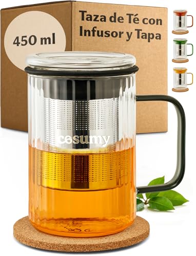 Cosumy Taza para Infusiones con Tapa y Filtro, 450ml - Vaso de Té de Vidrio Borosilicato con Asas de Colores y Posavasos de Corcho (Negro)